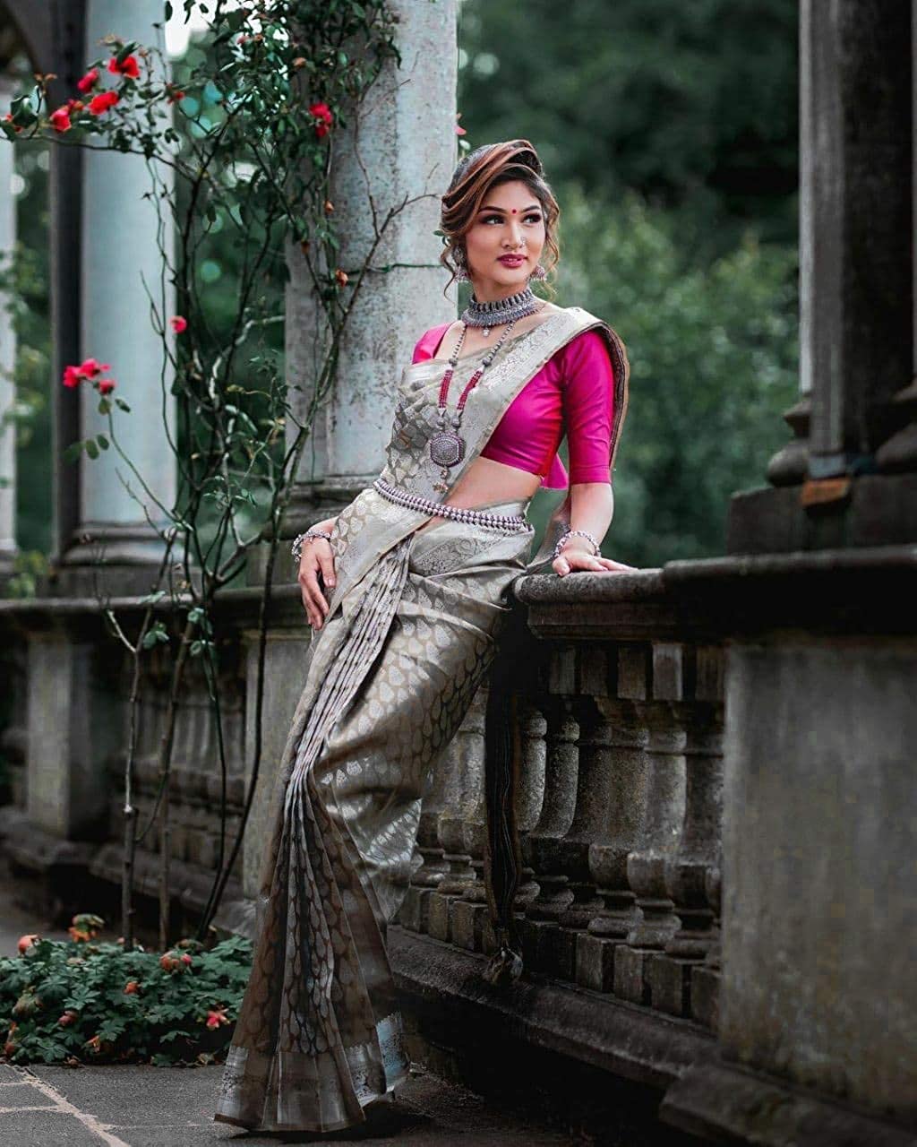 Elegant Grey Woven Silk Blend Saree with Silver Leaf Motifs and Designer Border