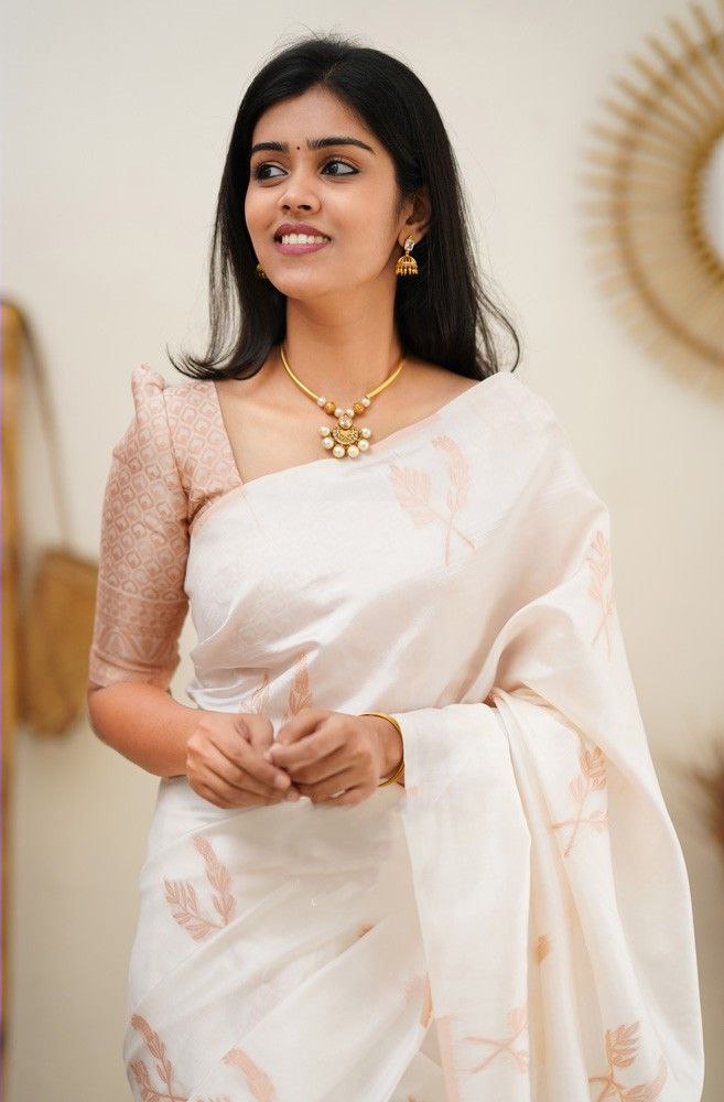 Ivory White Silk Blend Saree with Peach Leaf Motifs and Woven Pallu