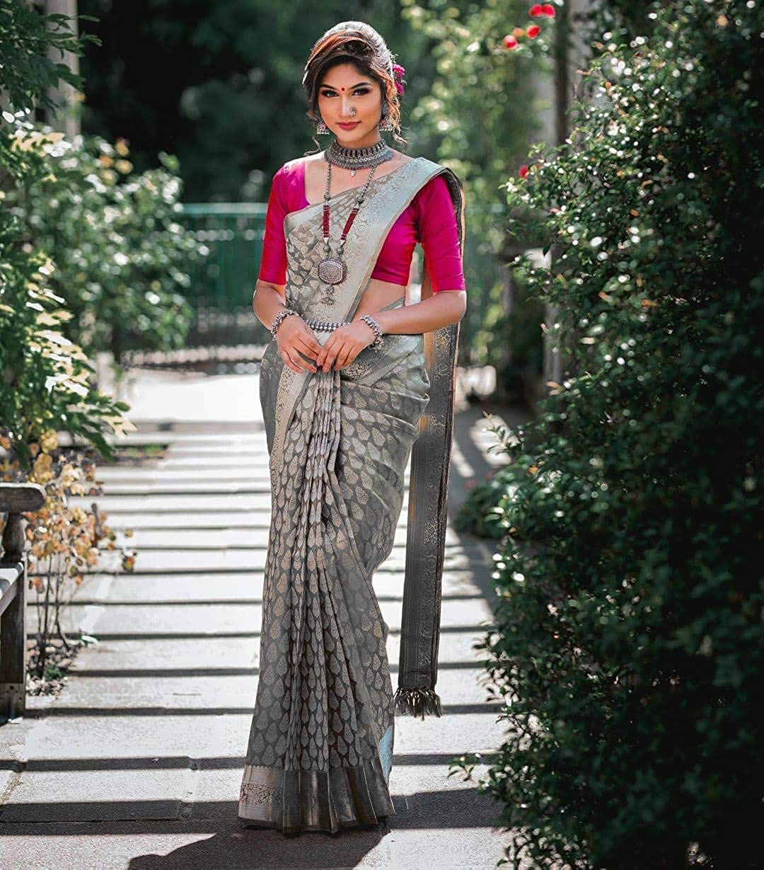 Elegant Grey Woven Silk Blend Saree with Silver Leaf Motifs and Designer Border
