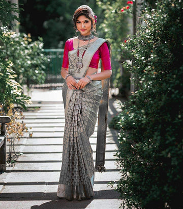 Elegant Grey Woven Silk Blend Saree with Silver Leaf Motifs and Designer Border