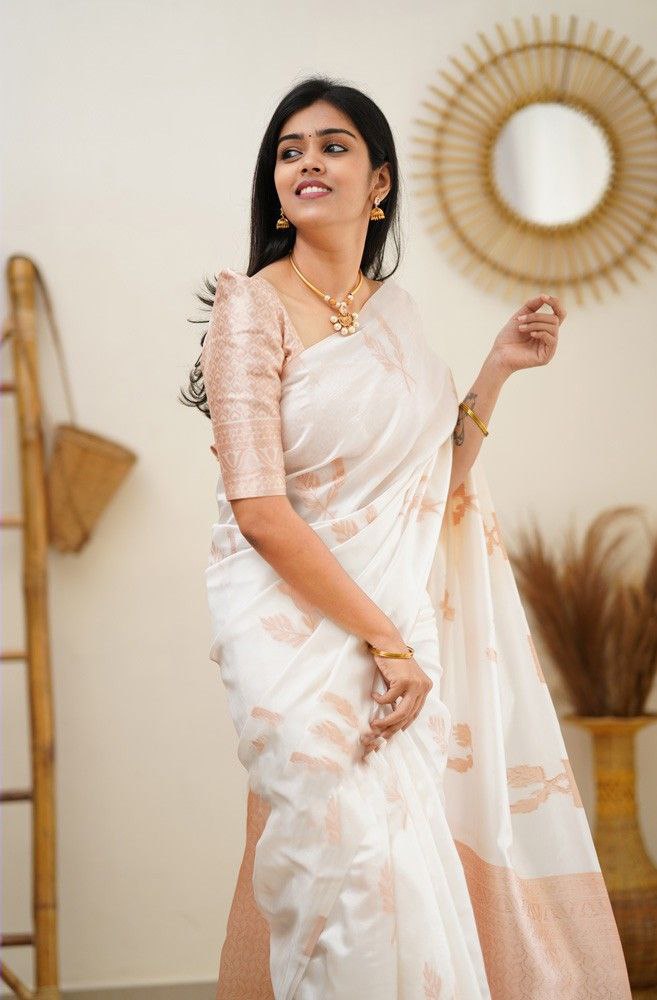 Ivory White Silk Blend Saree with Peach Leaf Motifs and Woven Pallu