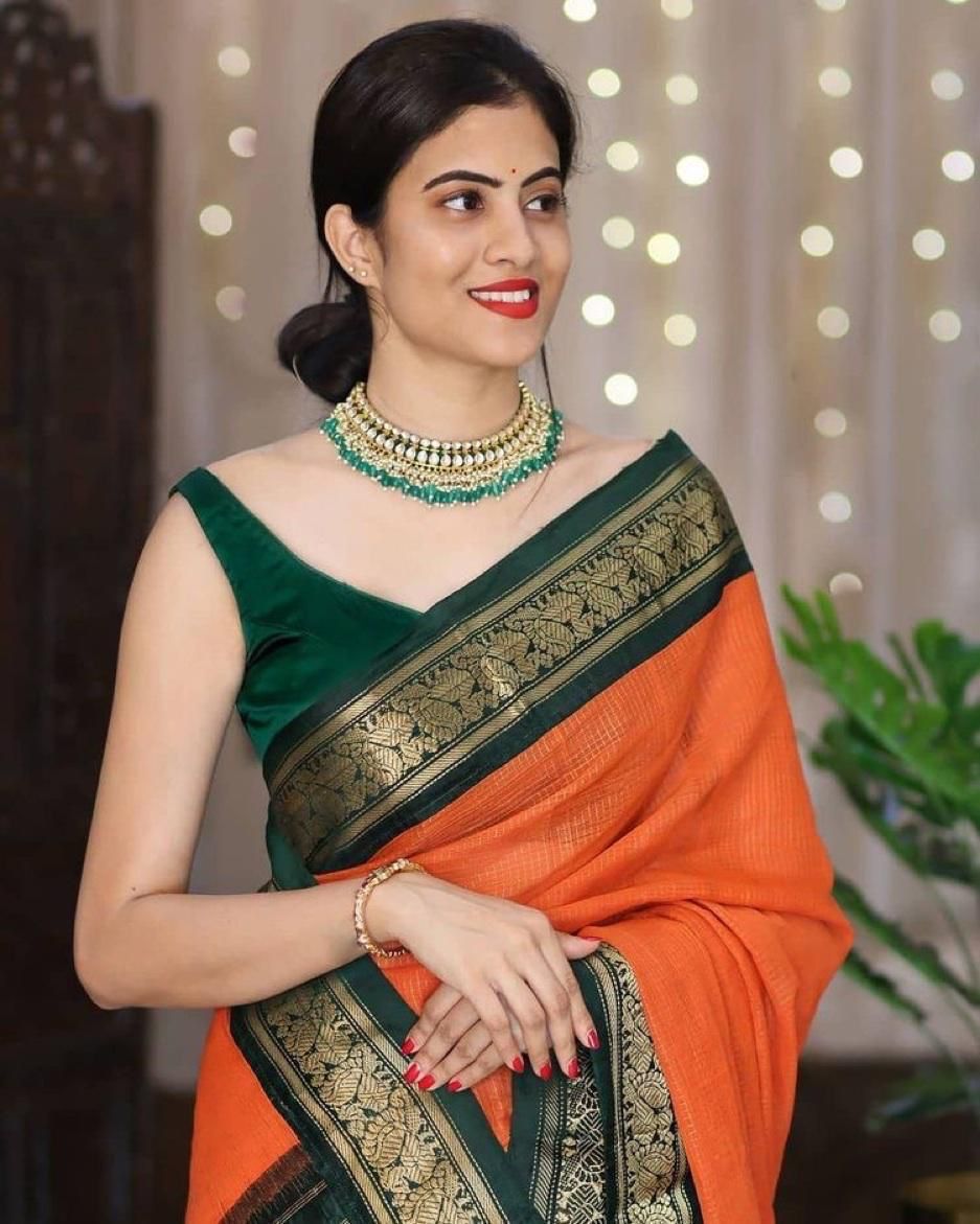 Rust Orange Silk Blend Saree with Bottle Green Gold Woven Border