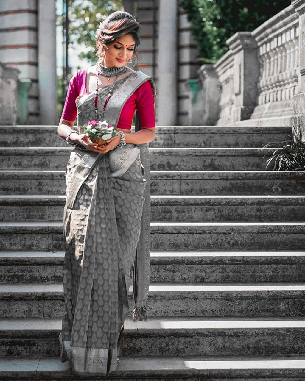 Elegant Grey Woven Silk Blend Saree with Silver Leaf Motifs and Designer Border