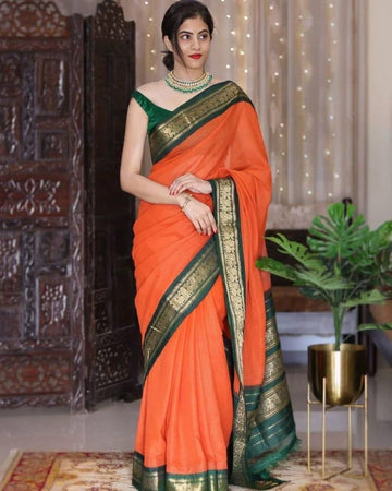 Rust Orange Silk Blend Saree with Bottle Green Gold Woven Border