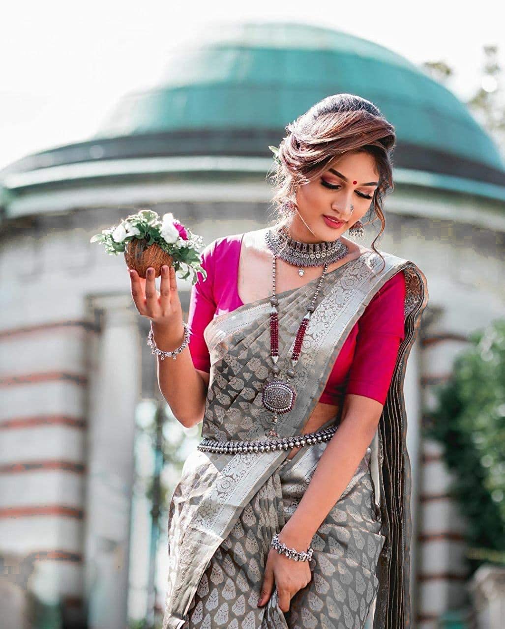 Elegant Grey Woven Silk Blend Saree with Silver Leaf Motifs and Designer Border