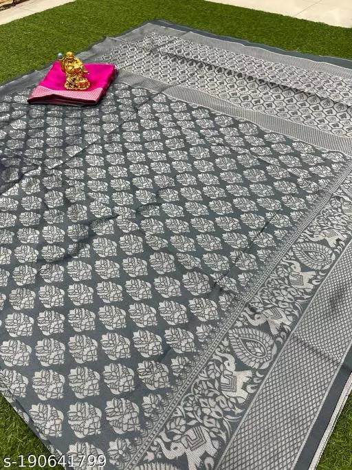 Elegant Grey Woven Silk Blend Saree with Silver Leaf Motifs and Designer Border