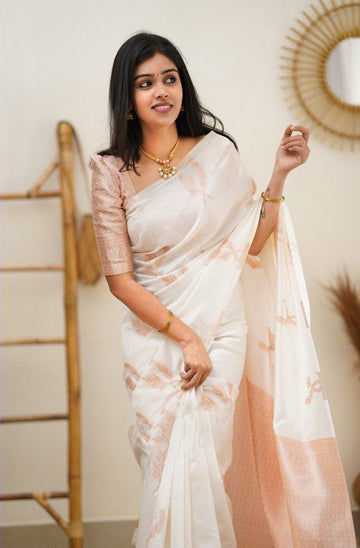 Ivory White Silk Blend Saree with Peach Leaf Motifs and Woven Pallu
