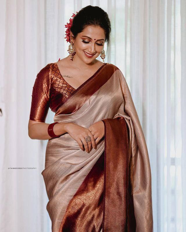 Champagne Beige Woven Silk Blend Saree with Copper Maroon Border