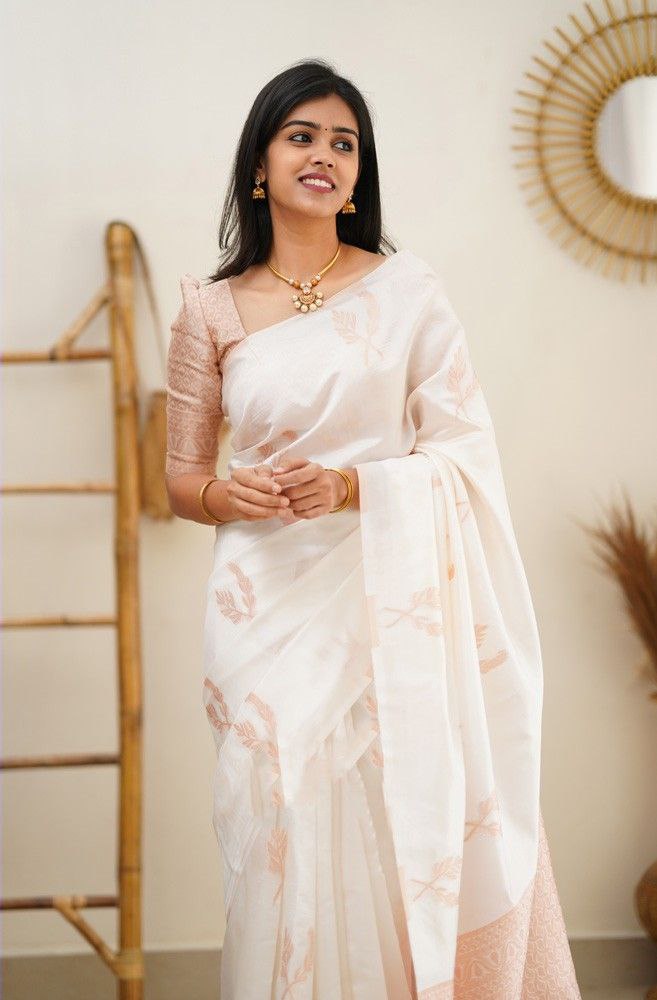 Ivory White Silk Blend Saree with Peach Leaf Motifs and Woven Pallu