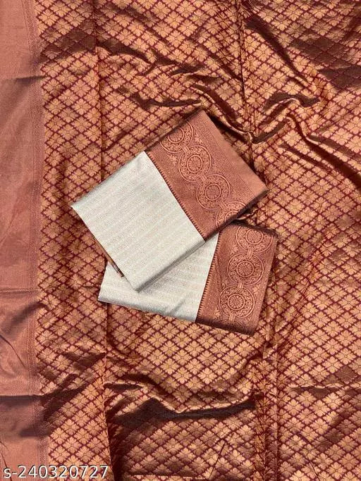 Champagne Beige Woven Silk Blend Saree with Copper Maroon Border
