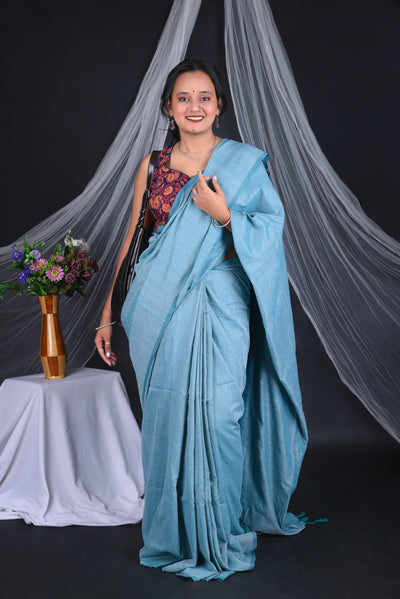 Sky blue Saree with Printed Sleeveless Ready-to-Wear Blouse