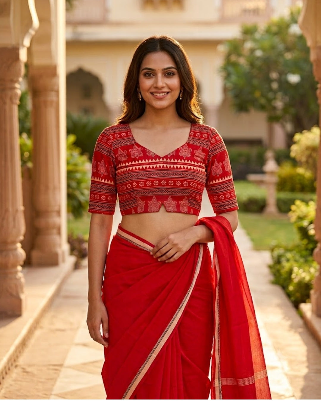 Women’s Red Ethnic Printed Cotton Blouse with V-Neck, Elbow Sleeves & Deep U-Back Dori