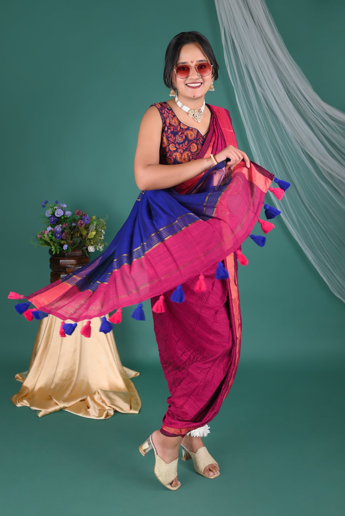 Magenta Pink Mul Mul  Cotton Saree with Designer Printed Blouse