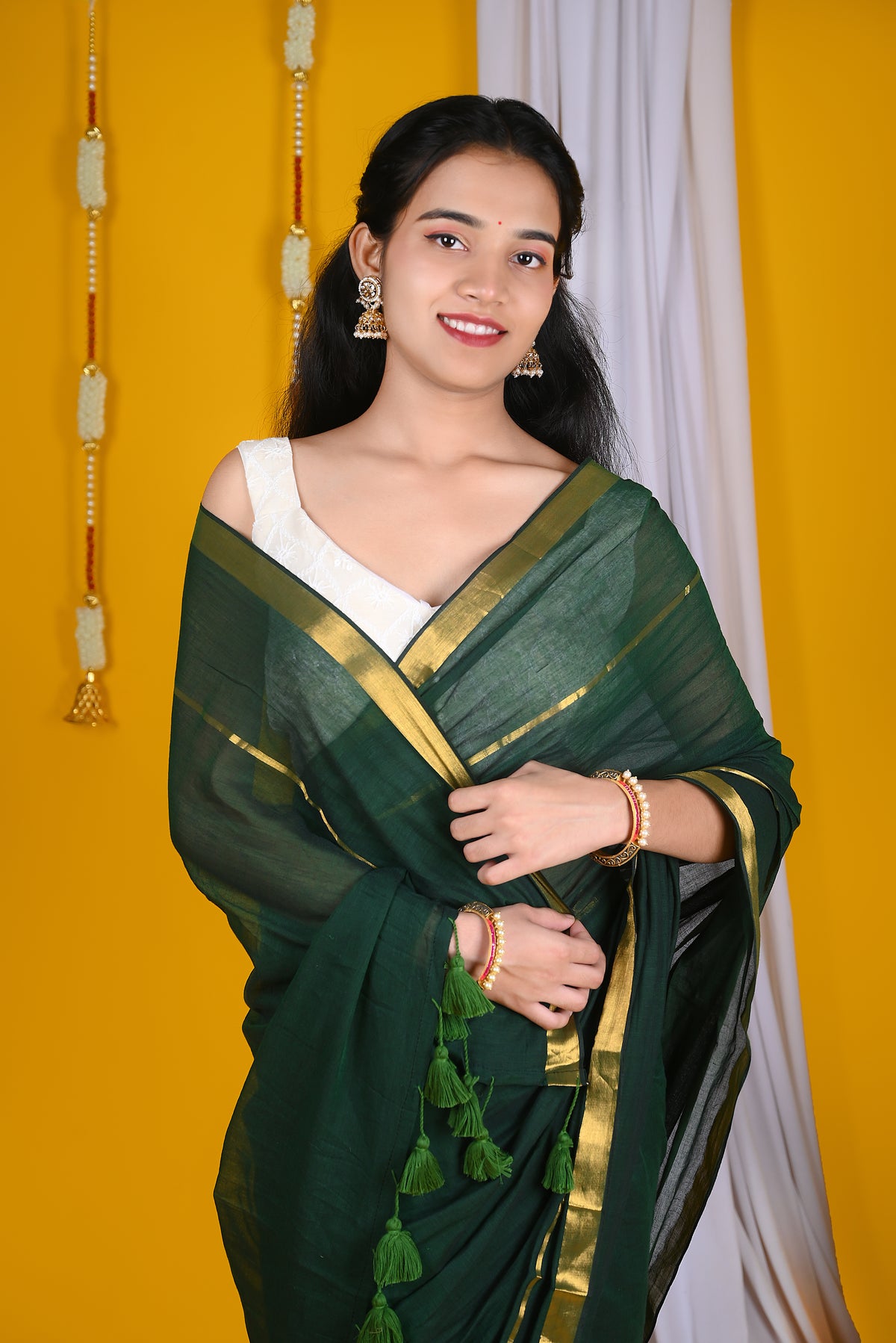 Bottle Green Mul Mul Cotton Saree with Golden Border &Ready Wear Ivory Blouse