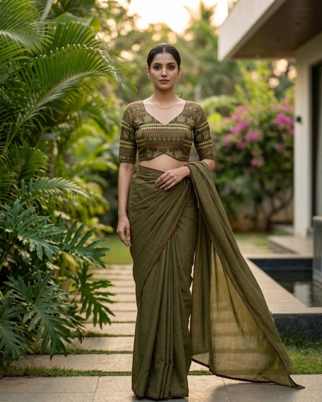 Women’s Olive Green Ethnic Printed Cotton Blouse with V-Neck, Elbow Sleeves & Deep Cut-Out Back
