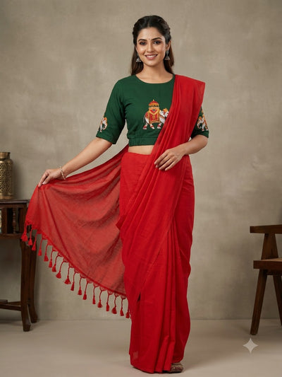 Elegant Red Saree with Embroidered Green Blouse & Tassel Pallu