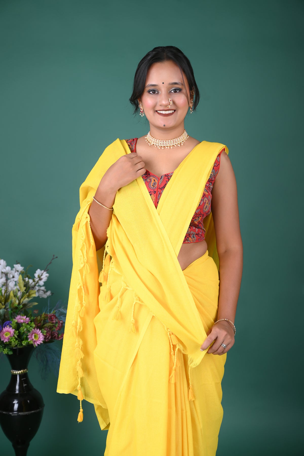 Bright Sunshine Yellow Solid Saree with Tassel Pallu – Everyday Ethnic Wear