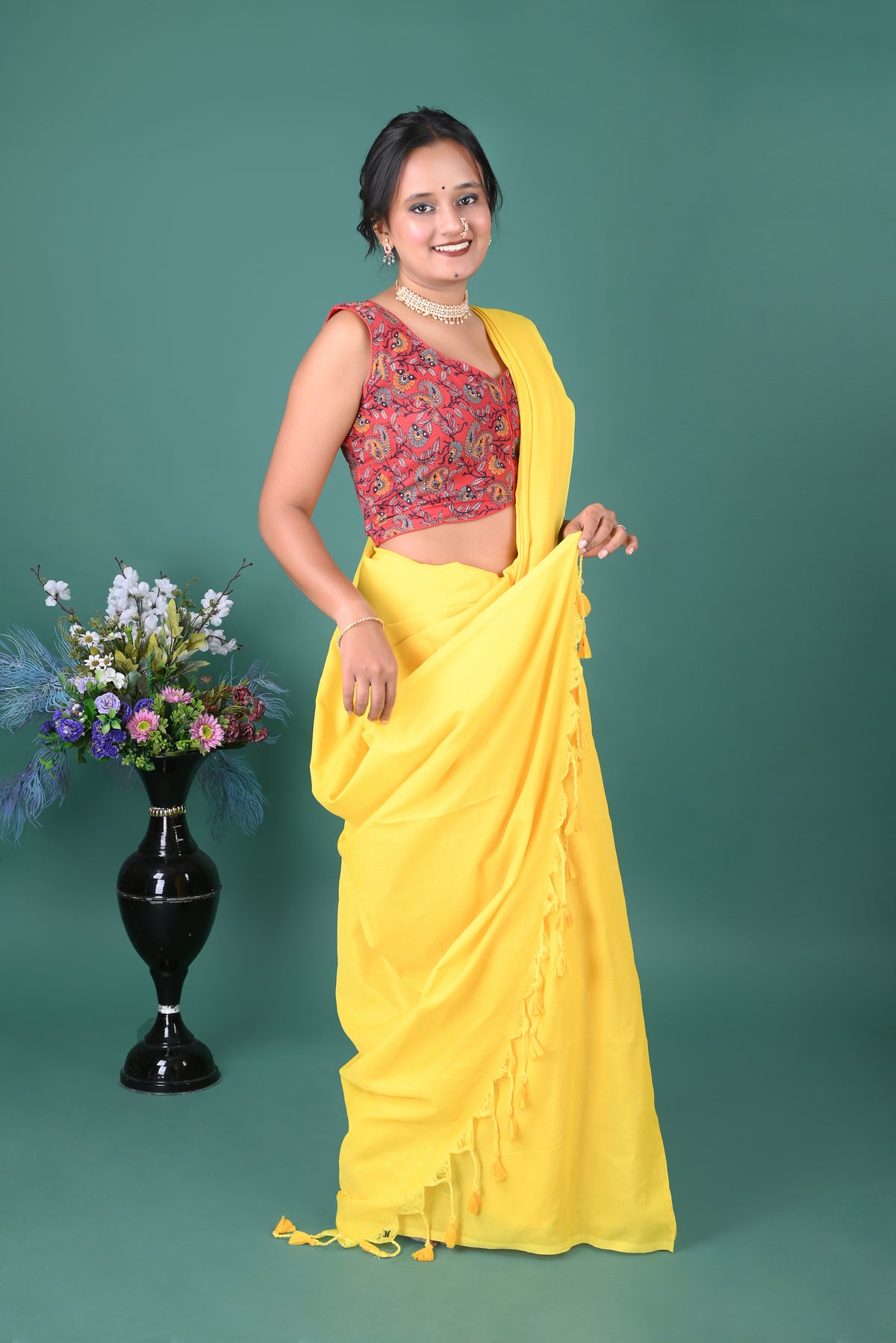 Bright Sunshine Yellow Solid Saree with Tassel Pallu – Everyday Ethnic Wear
