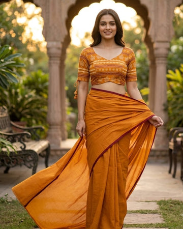 Mustard Orange Ethnic Printed Cotton Blouse with V-Neck & Elbow Sleeves for Women