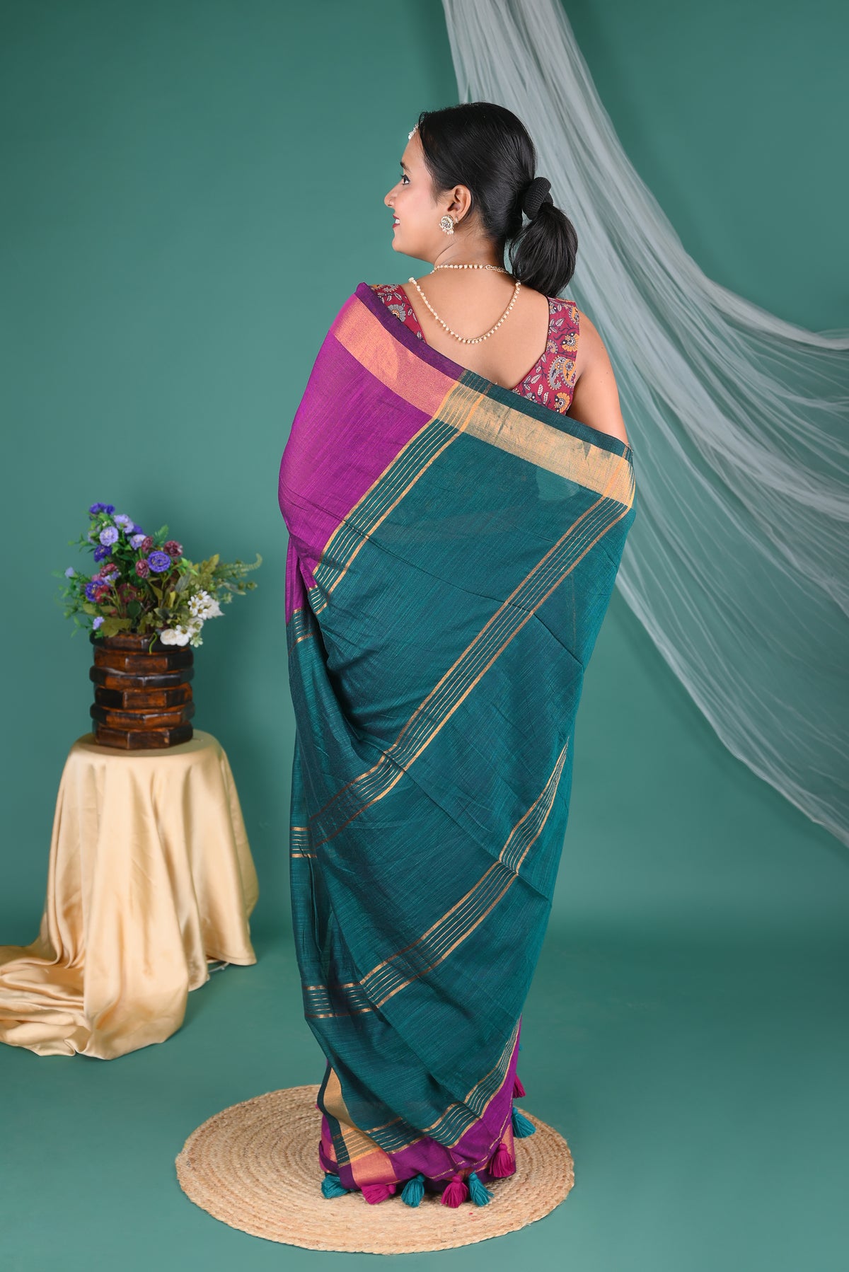 Royal Purple Mul Mul Cotton  Saree with Teal Pallu & Printed Blouse
