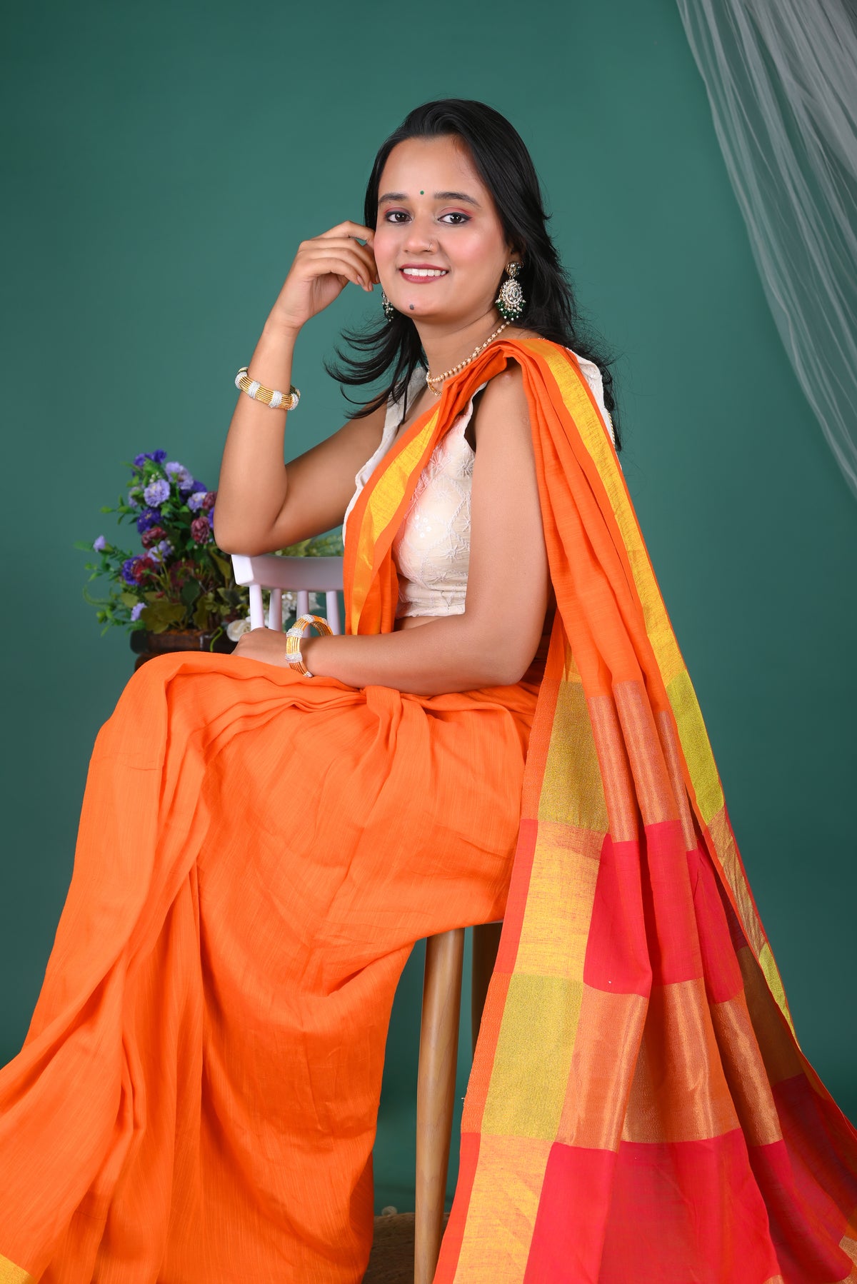 Tangerine Orange Mul Mul Cotton Saree with Golden Border &Ready Wear Ivory Blouse