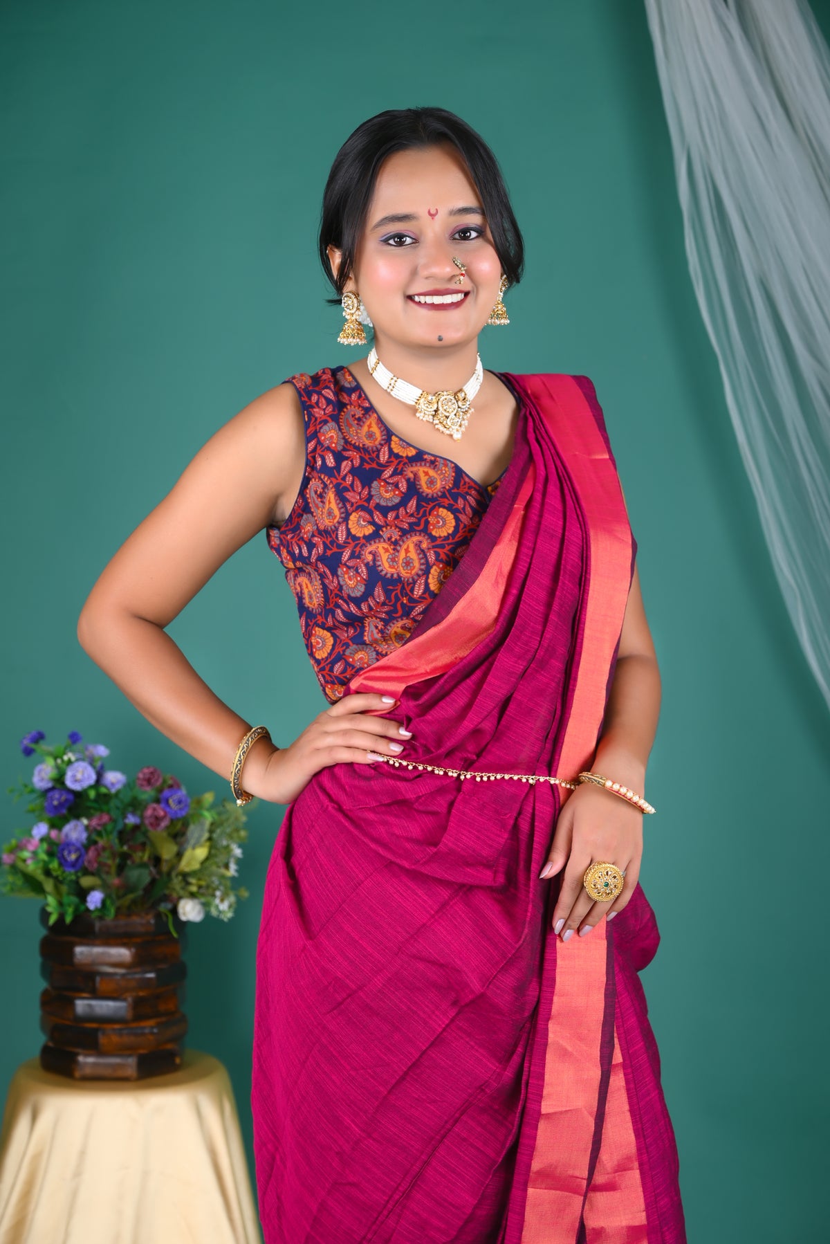 Magenta Pink Mul Mul  Cotton Saree with Designer Printed Blouse