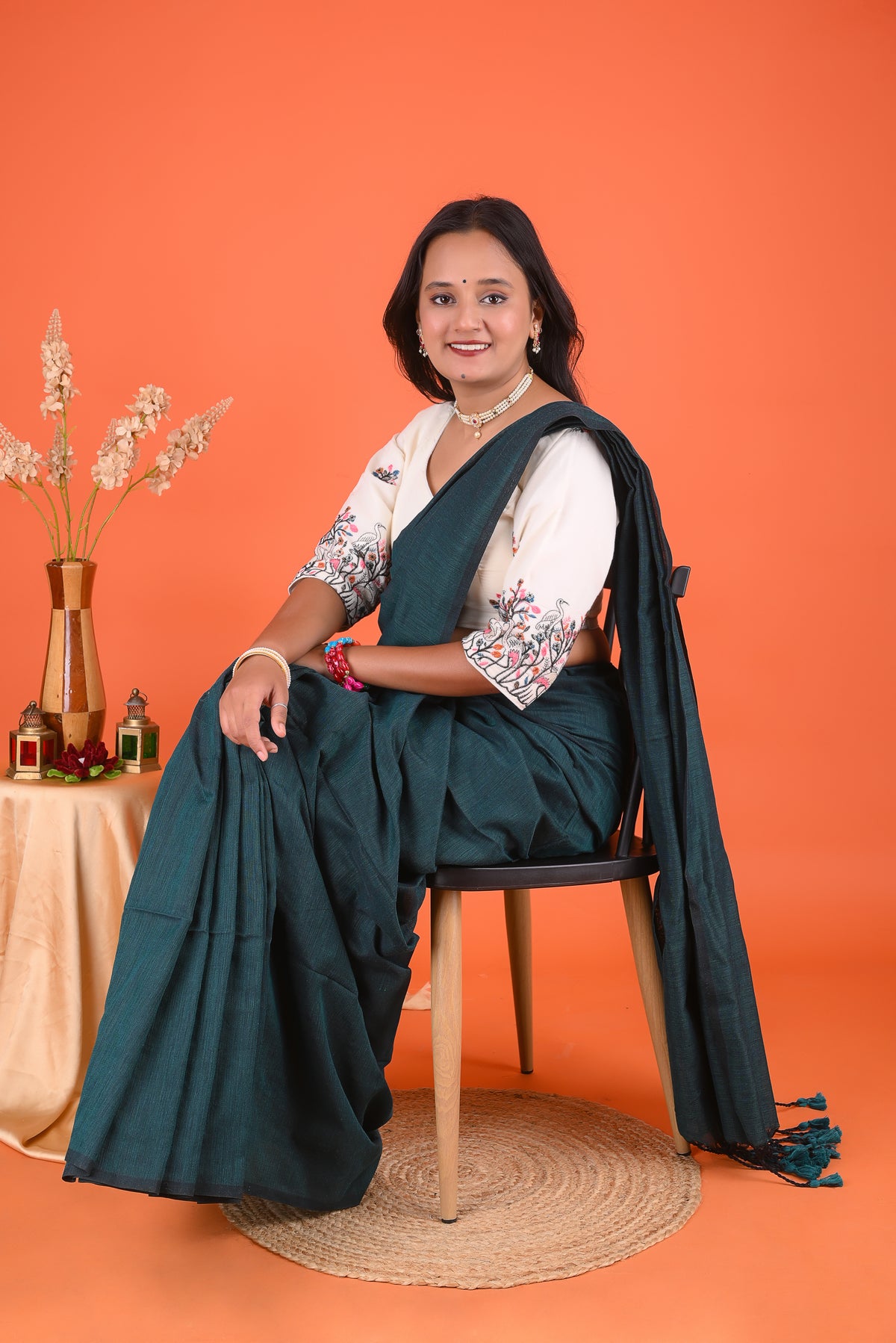 Deep Teal Green Solid Saree with Tassel Pallu – Elegant Everyday Ethnic Wear