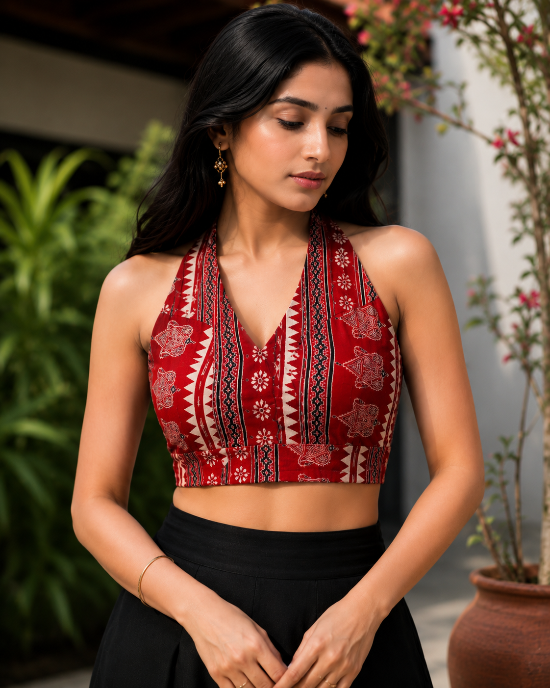 Women’s Red Ethnic Printed Cotton Halter-Neck Blouse with Deep Open Back