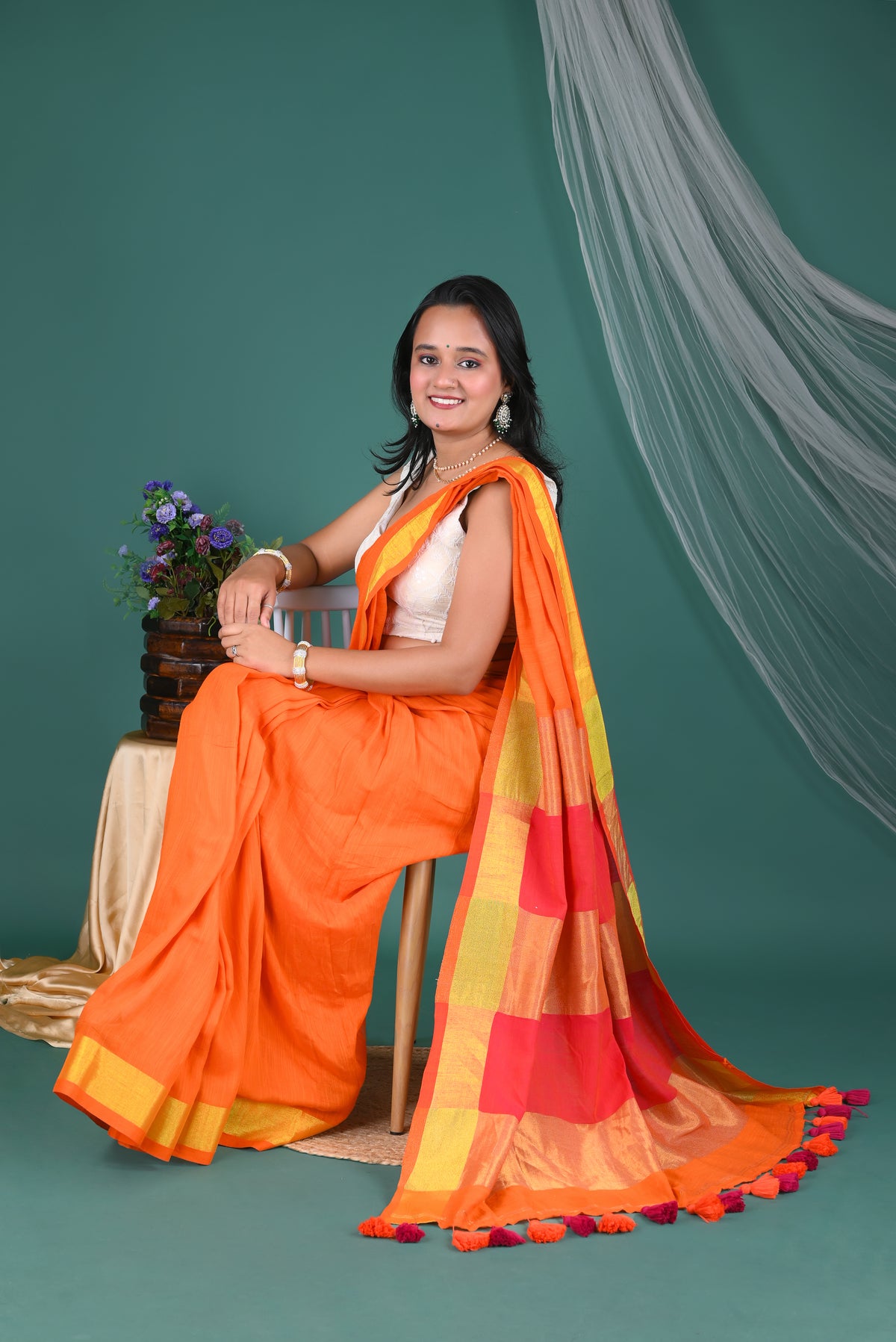 Tangerine Orange Mul Mul Cotton Saree with Golden Border &Ready Wear Ivory Blouse