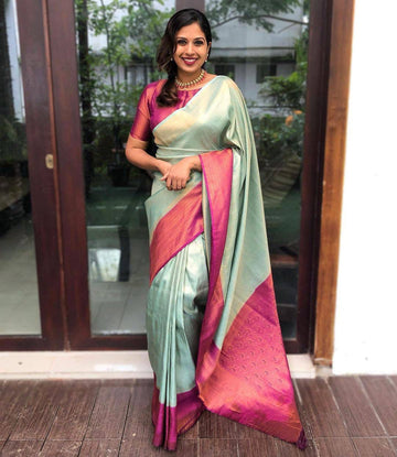 Sea Green Silk Blend Saree with Rani Pink Contrast Border and Woven Pallu