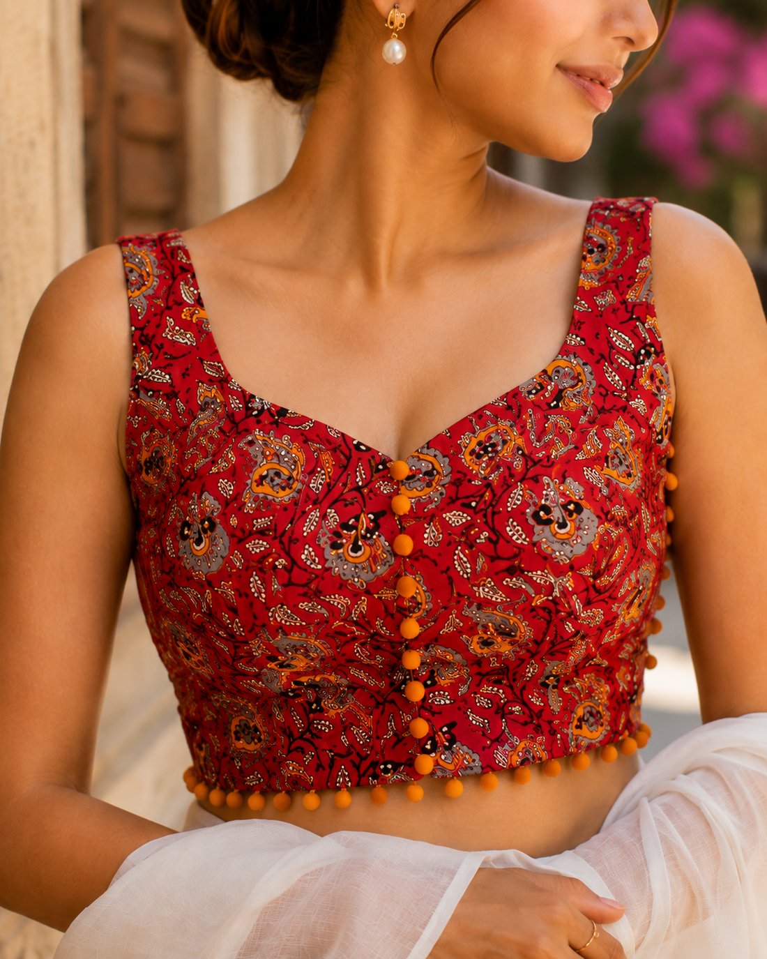 Women’s Red Floral Printed Cotton Sleeveless Blouse with Sweetheart Neck, Fabric Buttons & Pom-Pom Trim