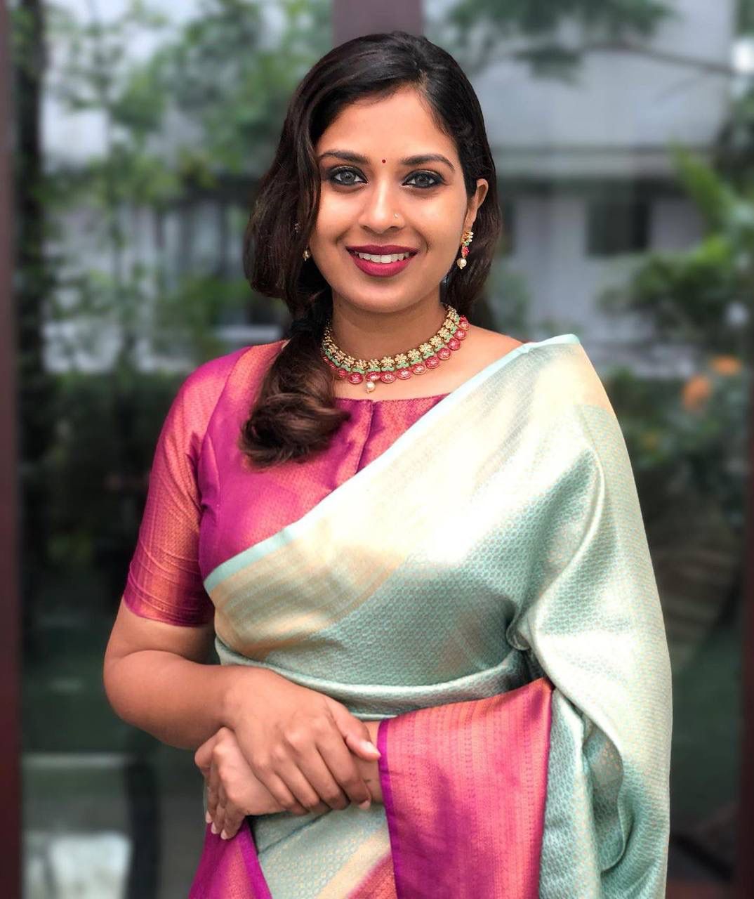 Sea Green Silk Blend Saree with Rani Pink Contrast Border and Woven Pallu
