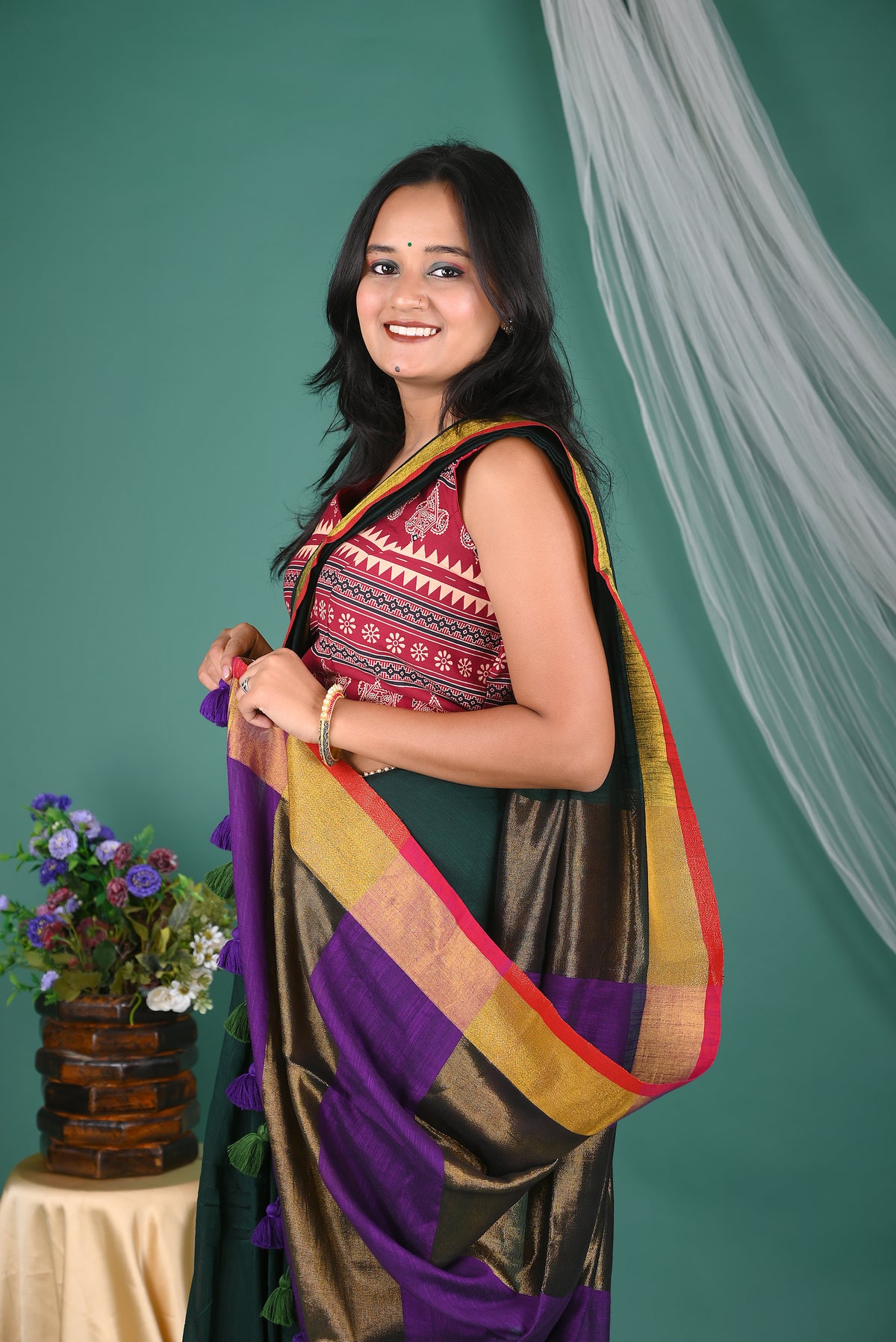 Bottle Green Mul Mul Cotton Saree with Multicolour Pallu & Printed Blouse
