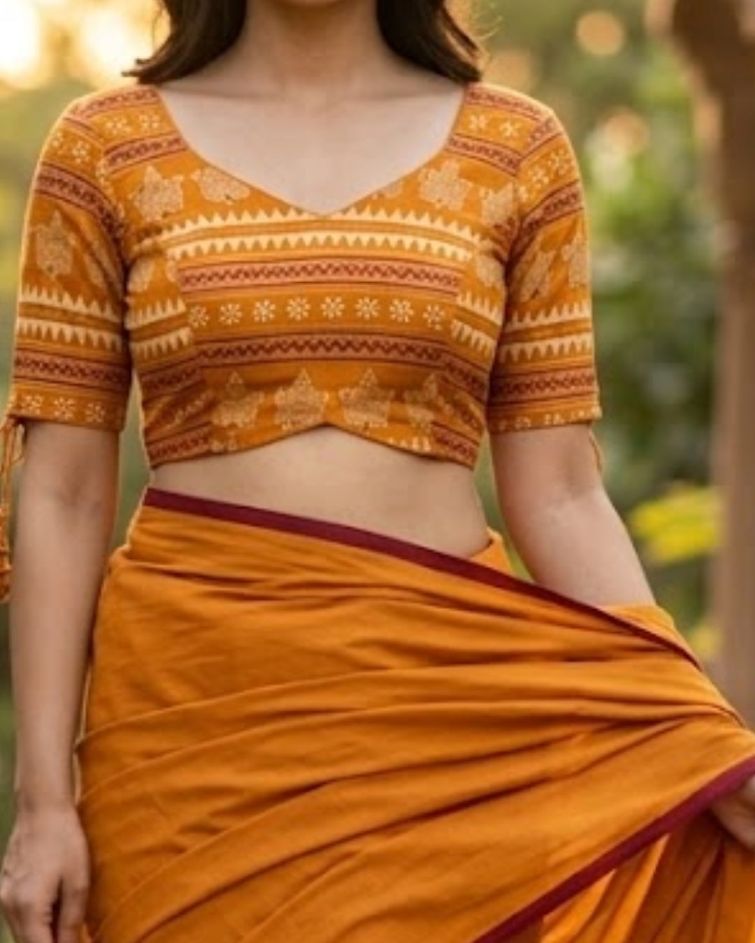 Mustard Orange Ethnic Printed Cotton Blouse with V-Neck & Elbow Sleeves for Women