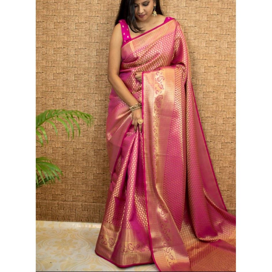Rani Pink Banarasi-Style Silk Blend Saree with Gold Zari Woven Border