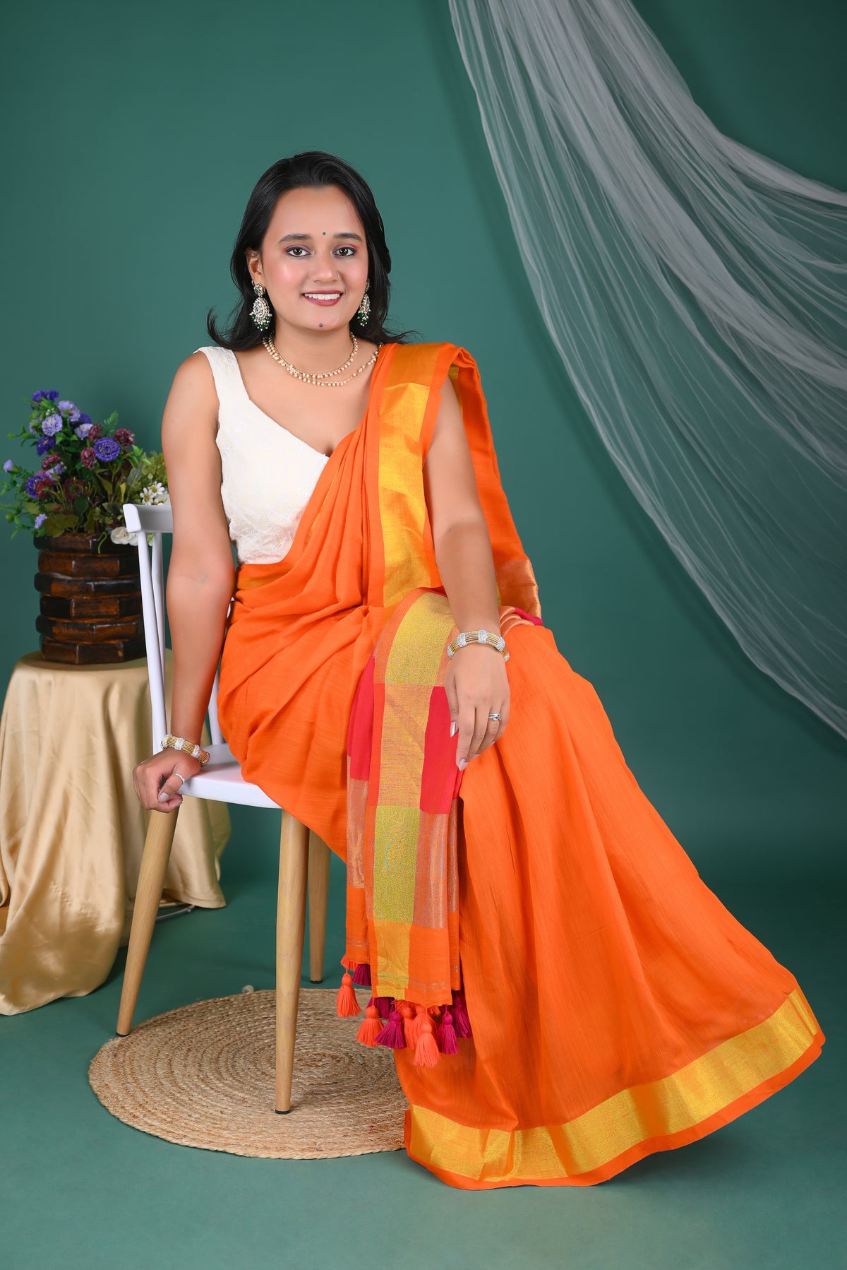 Tangerine Orange Mul Mul Cotton Saree with Golden Border &Ready Wear Ivory Blouse
