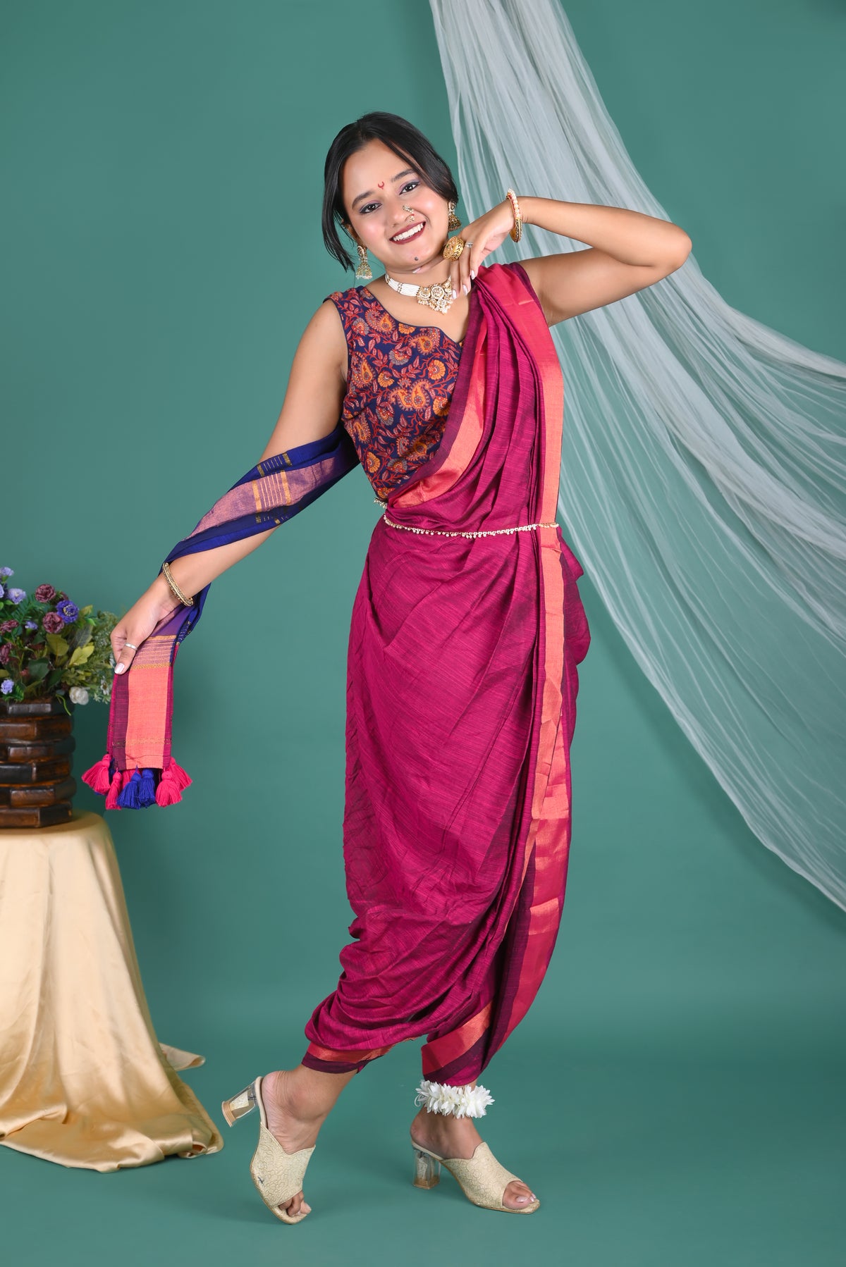 Magenta Pink Mul Mul  Cotton Saree with Designer Printed Blouse