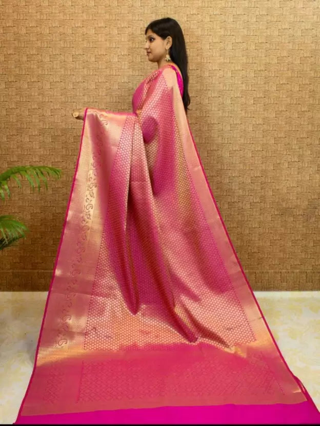 Rani Pink Banarasi-Style Silk Blend Saree with Gold Zari Woven Border