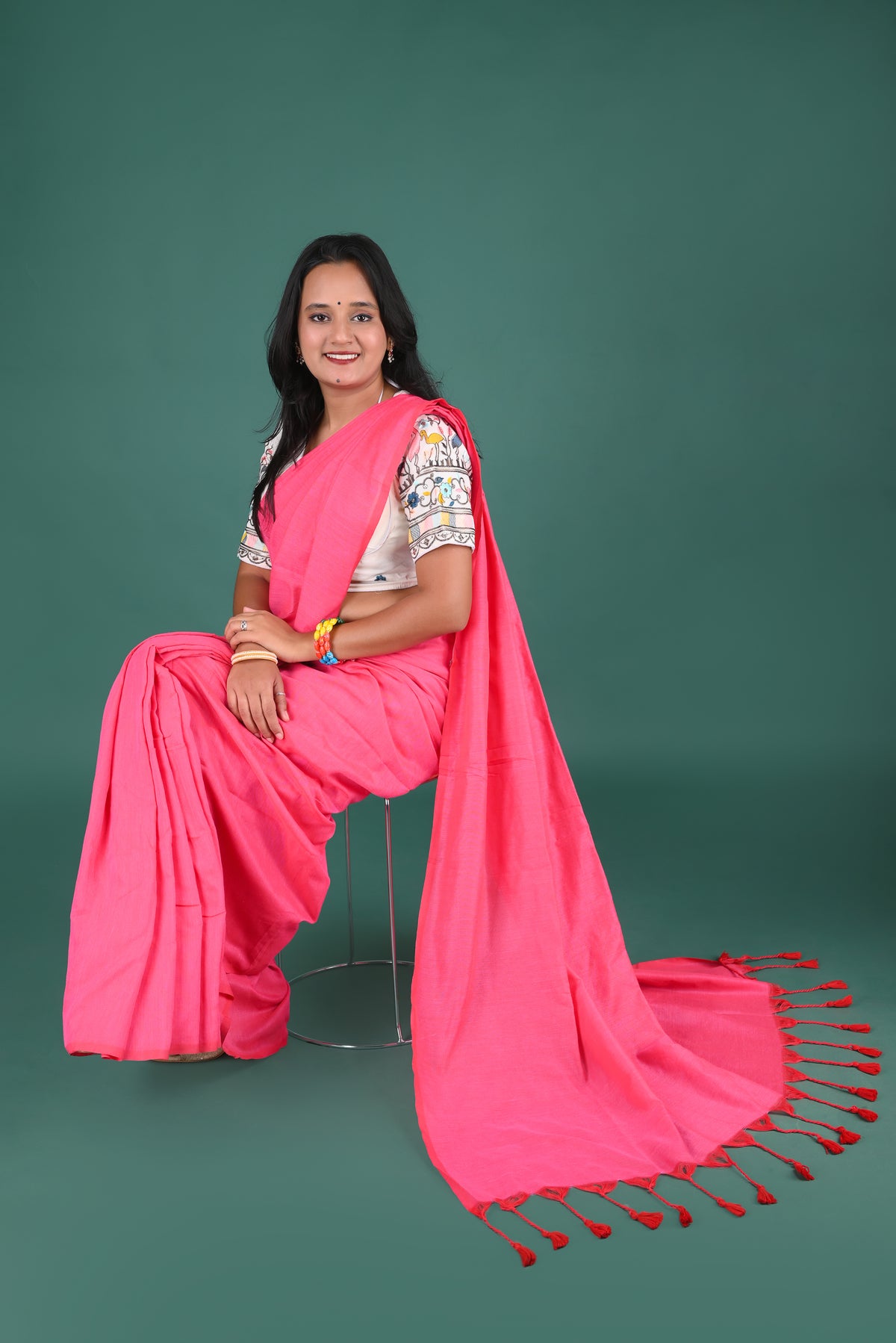 Vibrant Rani Pink Solid Saree with Tassel Pallu – Stylish Ethnic Wear
