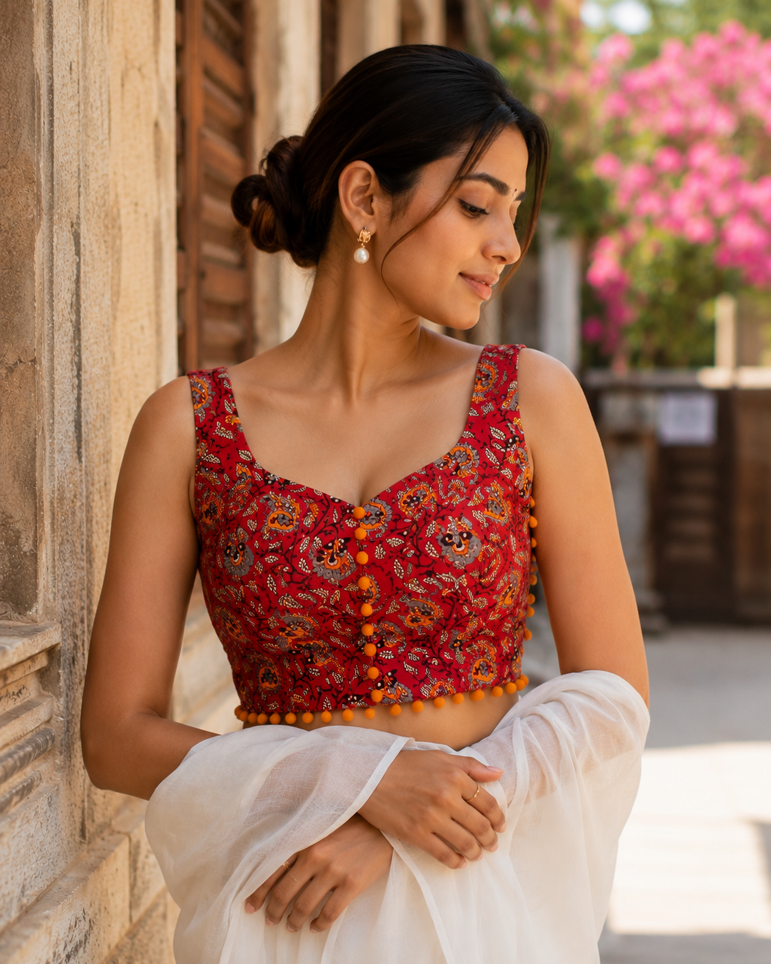 Women’s Red Floral Printed Cotton Sleeveless Blouse with Sweetheart Neck, Fabric Buttons & Pom-Pom Trim