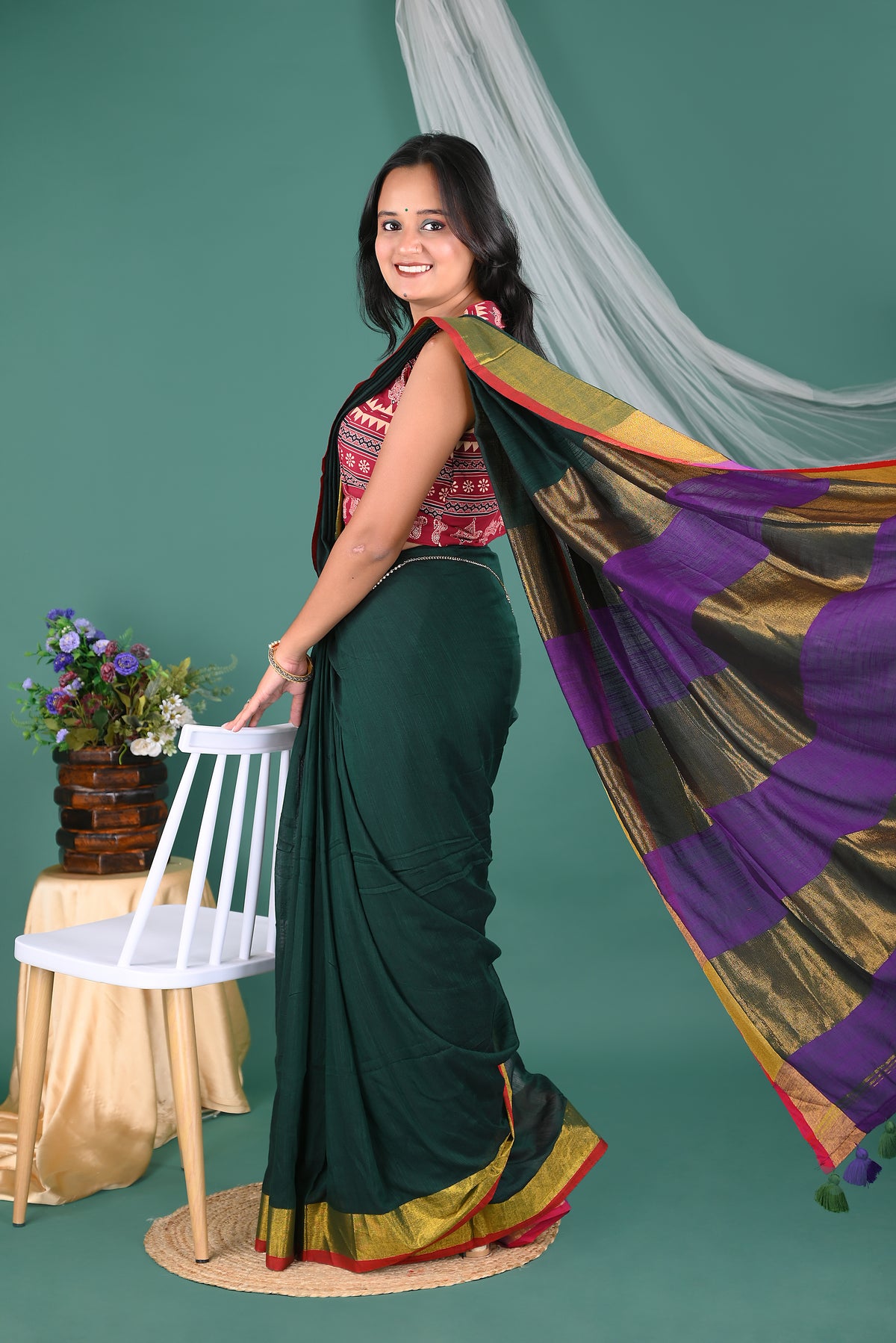 Bottle Green Mul Mul Cotton Saree with Multicolour Pallu & Printed Blouse