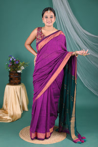 Royal Purple Mul Mul Cotton  Saree with Teal Pallu & Printed Blouse