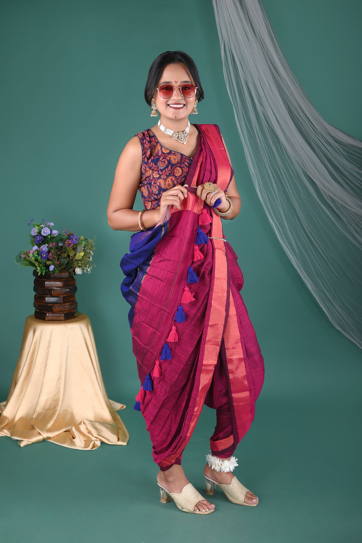 Magenta Pink Mul Mul  Cotton Saree with Designer Printed Blouse