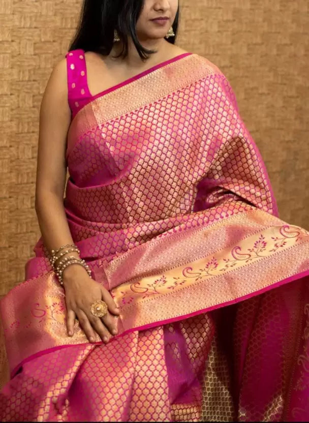 Rani Pink Banarasi-Style Silk Blend Saree with Gold Zari Woven Border