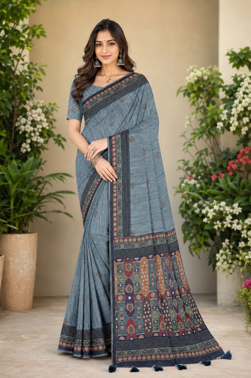 Steel Grey Premium Linen Cotton Saree with Ethnic Mosaic Pallu & Designer Border