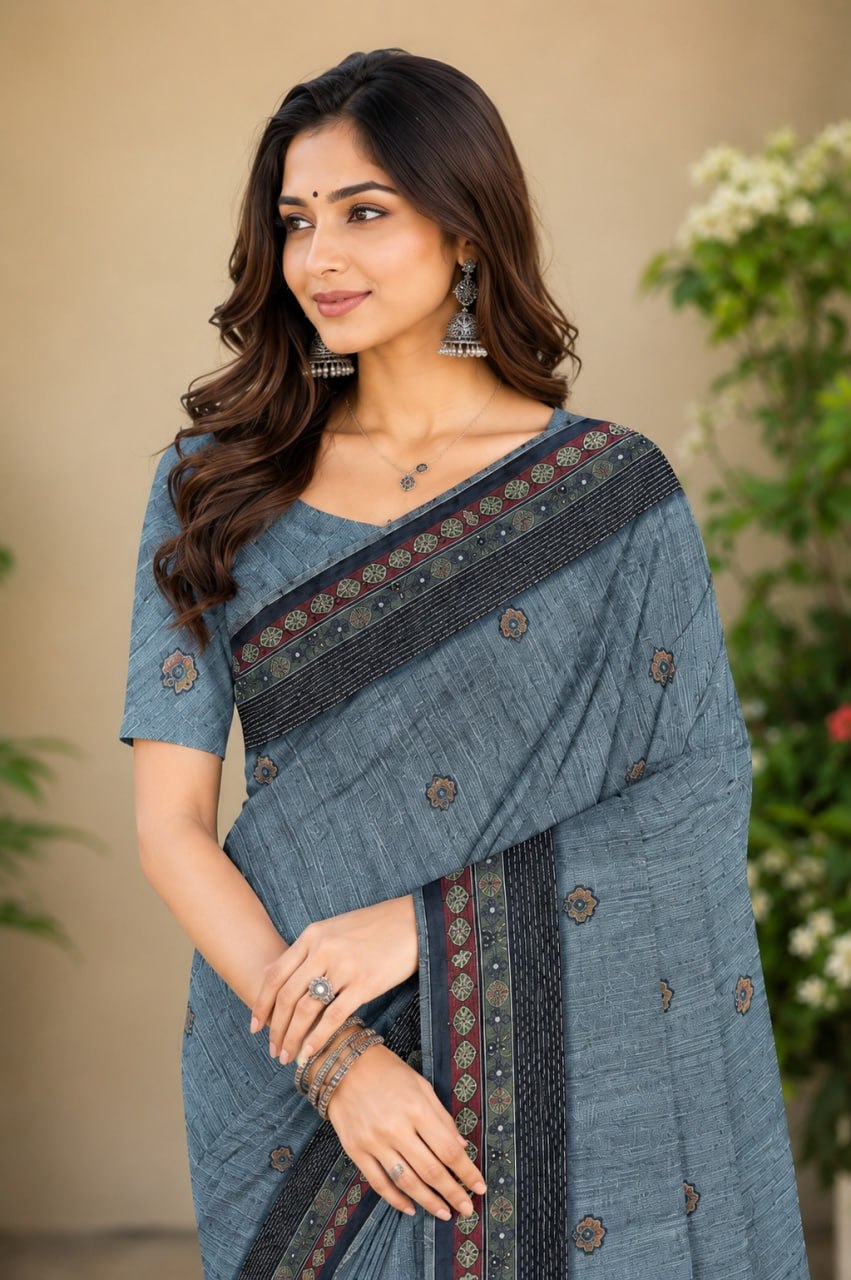 Steel Grey Premium Linen Cotton Saree with Ethnic Mosaic Pallu & Designer Border