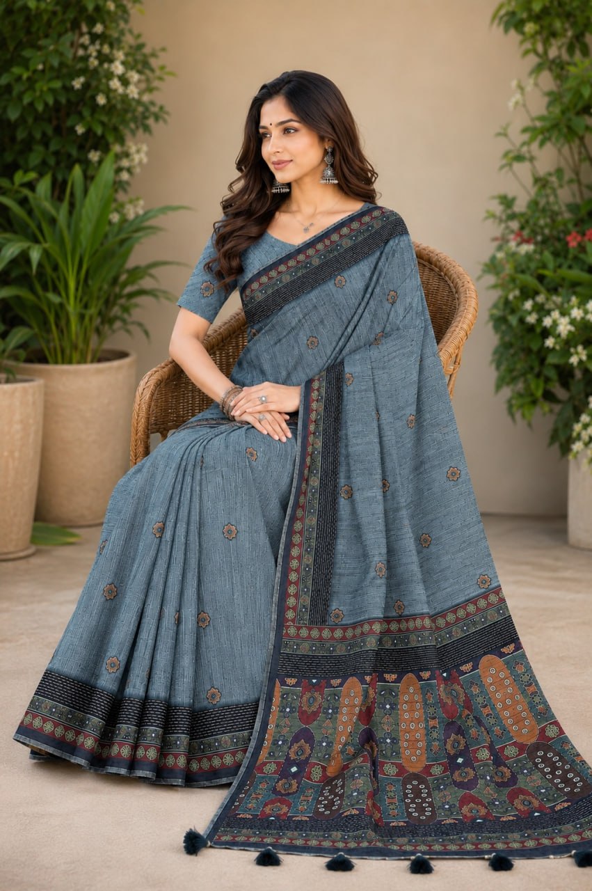 Steel Grey Premium Linen Cotton Saree with Ethnic Mosaic Pallu & Designer Border