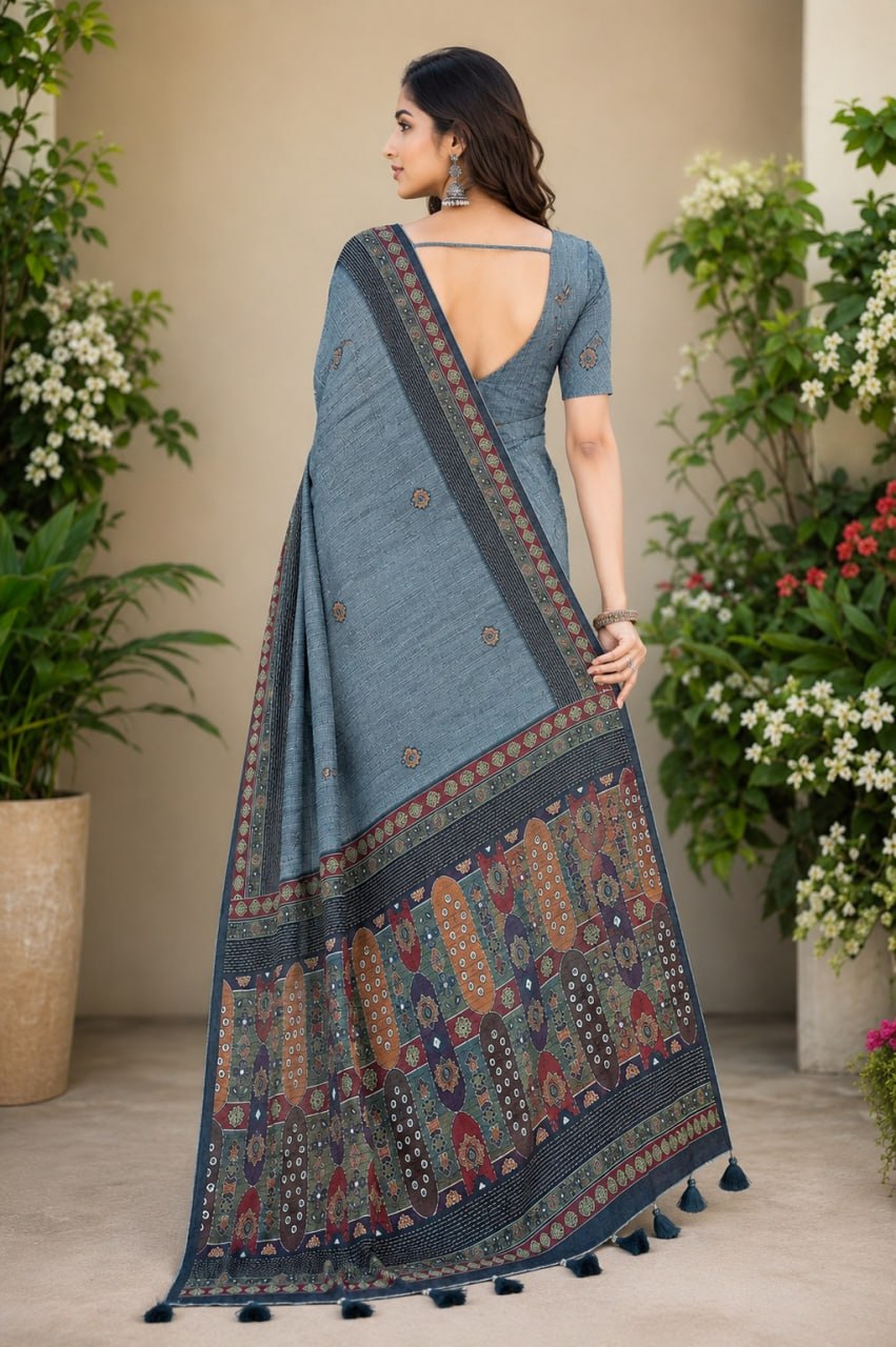 Steel Grey Premium Linen Cotton Saree with Ethnic Mosaic Pallu & Designer Border
