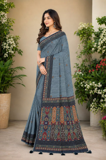 Steel Grey Premium Linen Cotton Saree with Ethnic Mosaic Pallu & Designer Border