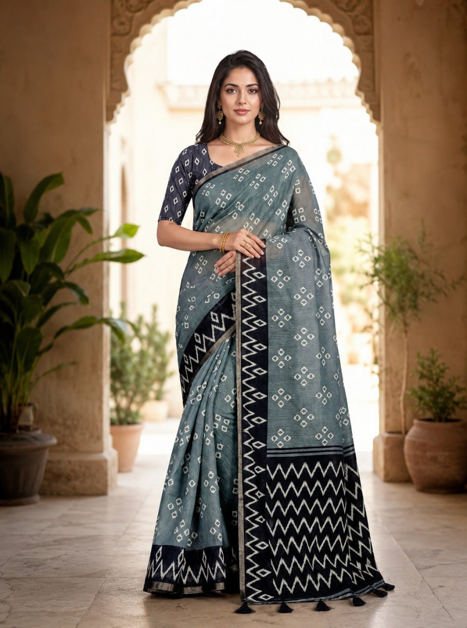 Slate Grey Premium Linen Cotton Saree with Bandhani-Inspired Motifs & Designer Zigzag Border